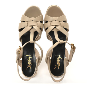 SAINT LAURENT Calfskin Tribute 75 Platform Sandals 38 Dark Beige
