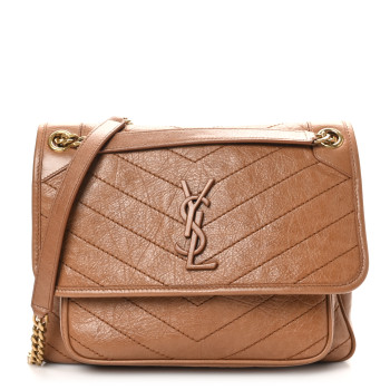 SAINT LAURENT Crinkled Calfskin Matelasse Monogram Medium Niki Chain Satchel Caramel