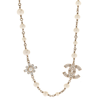 CHANEL Crystal Baguette Pearl CC Cross Short Necklace Gold