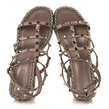 VALENTINO GARAVANI Calfskin Rockstud Ankle Strap Torchon Espadrille Caged 25/95mm Wedge Sandals 38 Rose Canelle