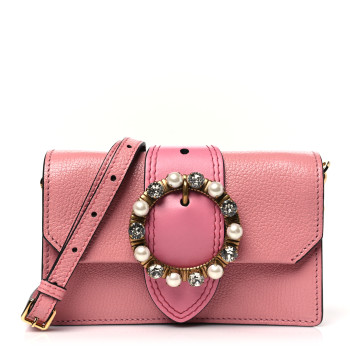 MIU MIU Goatskin Madras Soft Calfskin Crystal Pearl Embellished Shoulder Bag Rosa