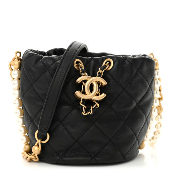 CHANEL Calfskin Quilted Pearl Mini About Pearls Drawstring Bucket Bag Black