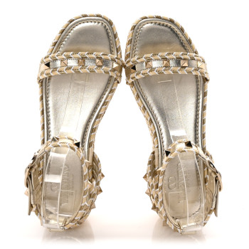 VALENTINO GARAVANI Laminated Nappa Rockstud Flatform Espadrille 45MM Sandals 36 Natural Ivory Gold Platinum