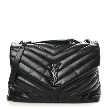 SAINT LAURENT Calfskin Y Quilted Monogram Monochrome Medium Loulou Chain Satchel Black