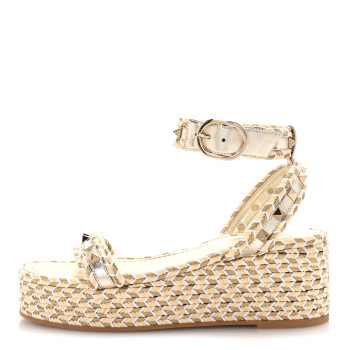 VALENTINO GARAVANI Laminated Nappa Rockstud Flatform Espadrille 45MM Sandals 36 Natural Ivory Gold Platinum