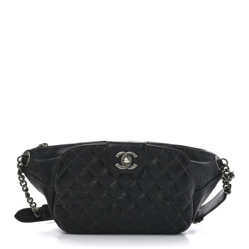 CHANEL Crumpled Calfskin Quilted Casual Rock Waist Bag Fanny Pack Black