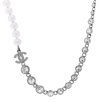 CHANEL Pearl Crystal CC Choker Necklace Silver