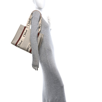 CHLOE Linen Calfskin Medium Woody Ribbon Tote White Brown