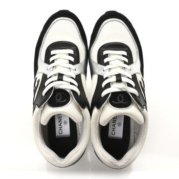 CHANEL Mesh Suede Calfskin Grained Calfskin Womens CC Sneakers 40 Black White Silver