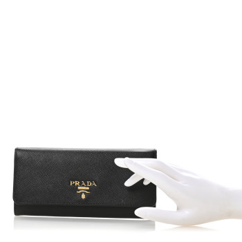 PRADA Saffiano Bi-Color Metal Continental Flap Travel Wallet Black Fuoco