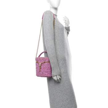 CHANEL Tweed Enamel Quilted Pending CC Bucket Drawstring Bag Pink Purple