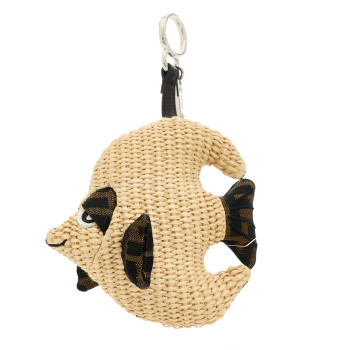 FENDI Raffia Nylon FF Fish Bag Charm Brown