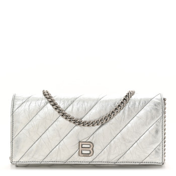 BALENCIAGA Metallic Calfskin Quilted Crush Wallet On Chain Silver