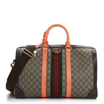 GUCCI GG Supreme Monogram Textured Dollar Calfskin Web Medium Savoy Duffle Bag Beige Ebony Fluorescent Orange
