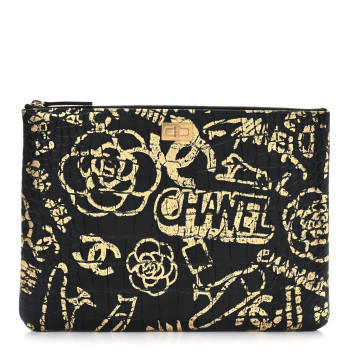 CHANEL Calfskin Crocodile Embossed Graffiti 2.55 Medium Cocodile Reissue Cosmetic Case Black Gold