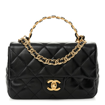 CHANEL Shiny Lambskin Quilted Golden Links Top Handle Flap Black