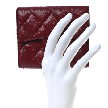 CHANEL Caviar Quilted Compact Flap Wallet Dark Red