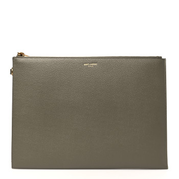 SAINT LAURENT Grain De Poudre Paris Zipped Tablet Holder Greyish Brown