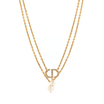 CHRISTIAN DIOR Metal Crystal Pearl CD Necklace Gold