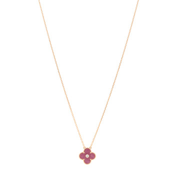 VAN CLEEF & ARPELS 18K Rose Gold Diamond Rhodonite Vintage Alhambra Pendant Necklace