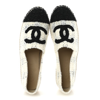 CHANEL Tweed CC Espadrilles 39 Ecru White Blue Black