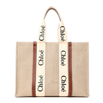 CHLOE Linen Calfskin Large Woody Ribbon Tote White Brown
