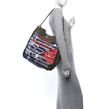 CHANEL Canvas Sequins Cubano Trip Hobo Khaki