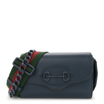 GUCCI Azalea Calfskin Web Monochrome Mini Horsebit 1955 Chain Shoulder Bag Blue