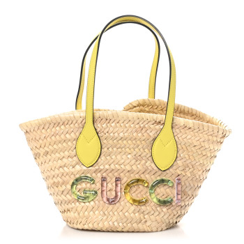 GUCCI Straw Calfskin Plexiglass Mini Logo Tote Yellow