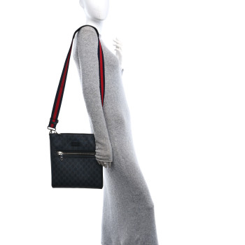 GUCCI GG Supreme Monogram Appia Calfskin Web Flat Messenger Bag Black Grey