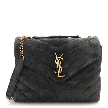 SAINT LAURENT Suede Calfskin Y Quilted Monogram Small Loulou Chain Satchel Storm