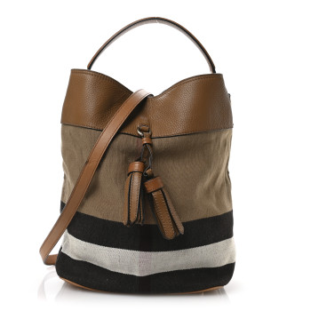 BURBERRY Grainy Calfskin Canvas Mega Check Medium Ashby Tassel Hobo Saddle Brown