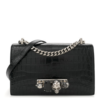 ALEXANDER MCQUEEN Shiny Calfskin Crocodile Embossed Knuckle Jeweled Crossbody Black