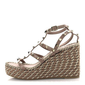 VALENTINO GARAVANI Calfskin Rockstud Ankle Strap Torchon Espadrille Caged 25/95mm Wedge Sandals 38 Rose Canelle