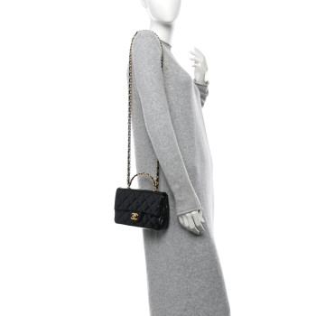 CHANEL Shiny Lambskin Quilted Golden Links Top Handle Flap Black