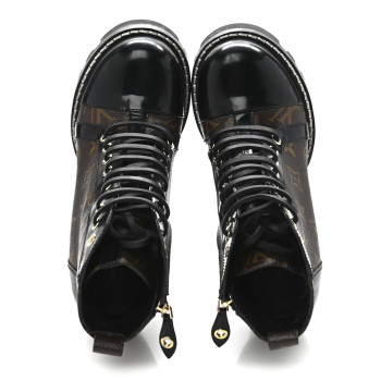 LOUIS VUITTON Patent Calfskin Monogram Star Trail Ankle Boots 36.5 Black