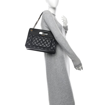 CHANEL Aged Calfskin Quilted Graphic Catch Shopping Bag Black