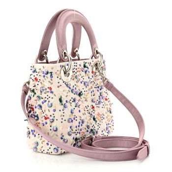 CHRISTIAN DIOR Satin Embroidered Beaded Mini Lady Dior Pink Multicolor
