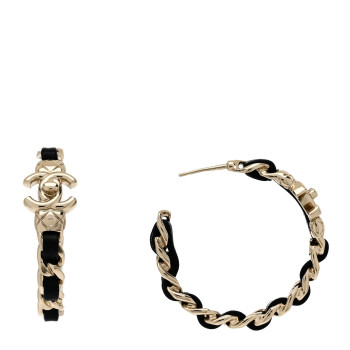 CHANEL Metal Lambskin Quilted CC Turnlock Chain Hoop Earrings Gold Black