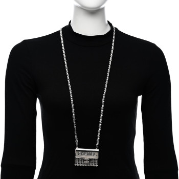 CHANEL Metal Lambskin Strass Crystal Purse CC Long Necklace Silver