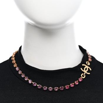 CHANEL Crystal CC Choker Necklace Gold Pink Orange Purple Yellow