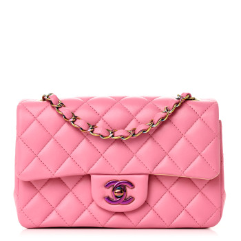 CHANEL Lambskin Quilted Mini Rectangular Flap Pink Yellow