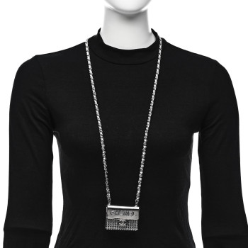 CHANEL Metal Lambskin Strass Crystal Purse CC Long Necklace Silver