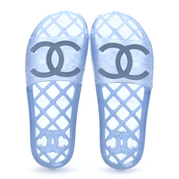 CHANEL PVC Transparent CC Flat Slide Sandals 38 Blue