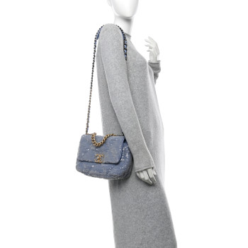 CHANEL Sequin Quilted Medium Chanel 19 Flap Light Blue