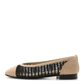 CHANEL Raffia Cap Toe Ballerina Flats 37 Black Beige