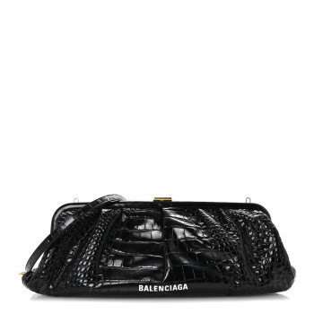 BALENCIAGA Shiny Supple Calfskin Logo Crocodile Embossed XL Cloud Clutch Black White