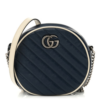 GUCCI Azalea Calfskin Matelasse Diagonal Mini Torchon GG Marmont Round Shoulder Bag Blue Agata Mystic White