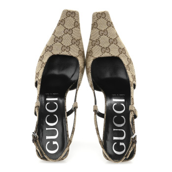 GUCCI Monogram Malga Kid Square G 75mm Slingback Pumps 38 Beige Ebony New Acero