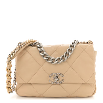 CHANEL Goatskin Quilted Large Chanel 19 Flap Light Beige